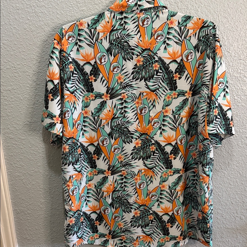 Buc-ee’s Men's Short-Sleeve Tropical Button-Down Shirt - Orange & Teal 2X - Picture 3 of 6